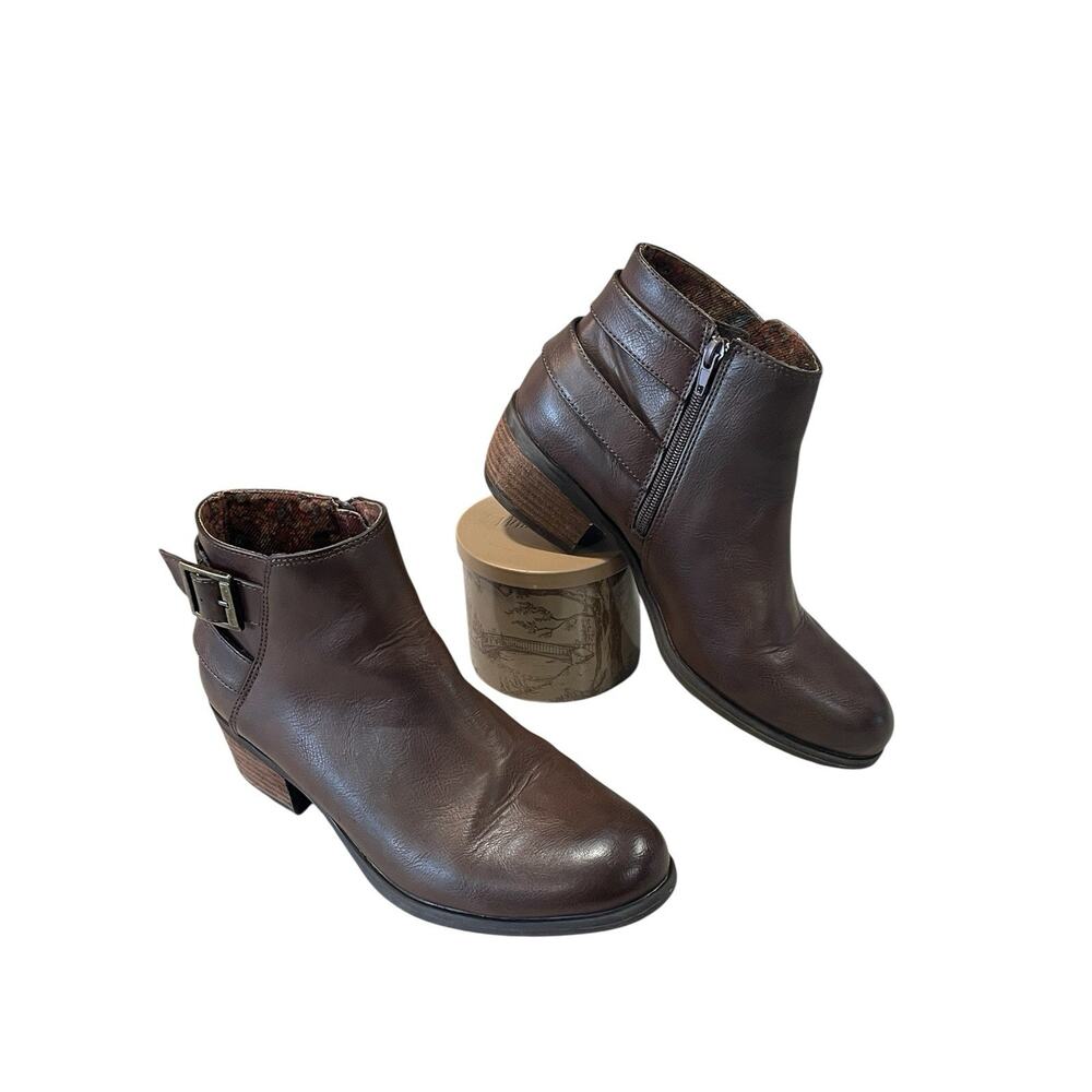 BOC Boot Women’s 8 Brown Faux-Leather Zip & Buckle Western Lydia Bootie- EUC
